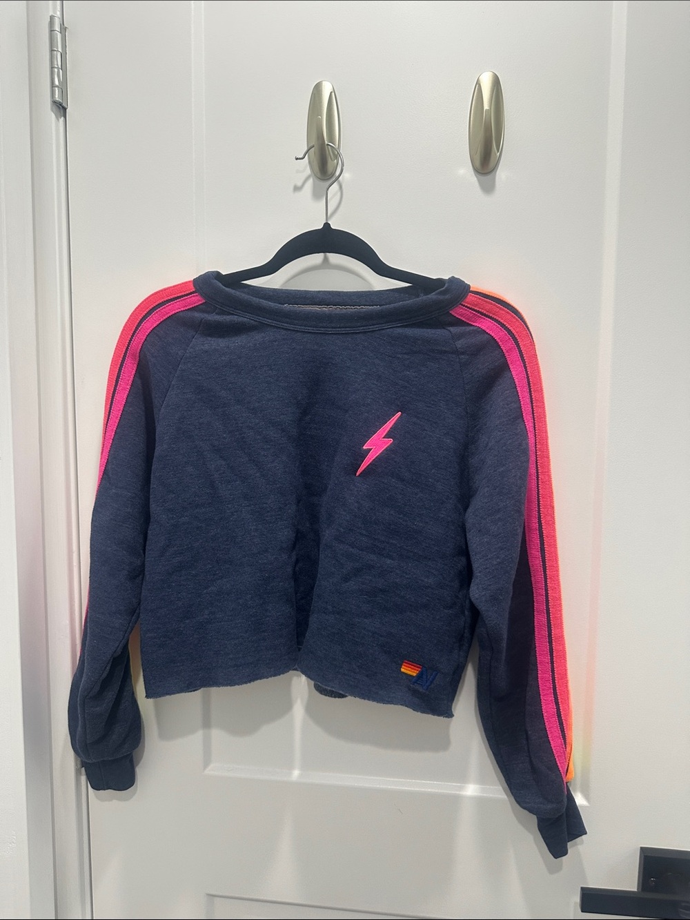 Aviator Nation Navy Sweatshirt with Neon Pink Stripe & Lightning